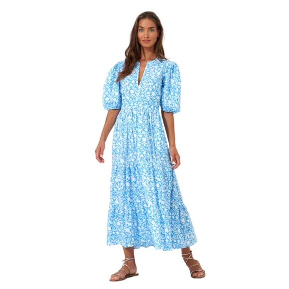 Oliphant Tuckernuck Canary Blue White Midi Maxi V-Neck Puff Sleeve Dress Small - Picture 1 of 10